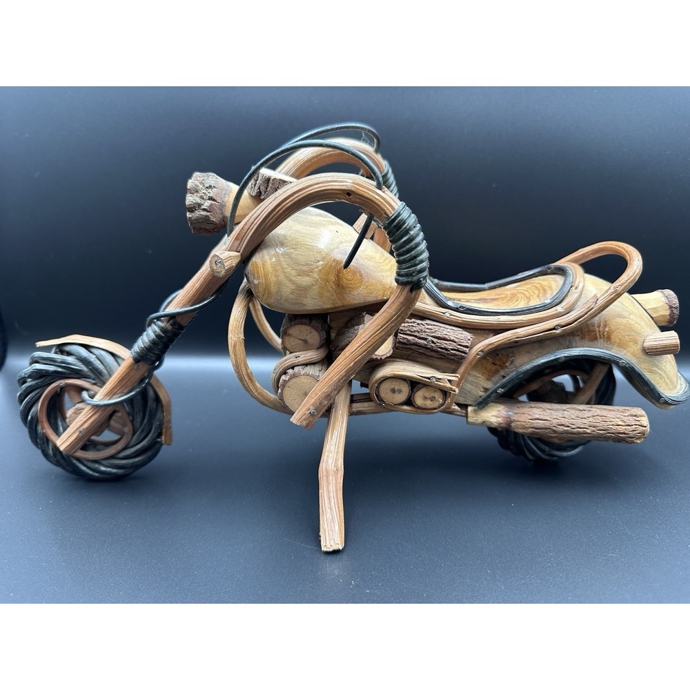 Hand Made Wooden Motorcycle Sculpture Rustic Folk Art driftwood Log Art Bike Dec